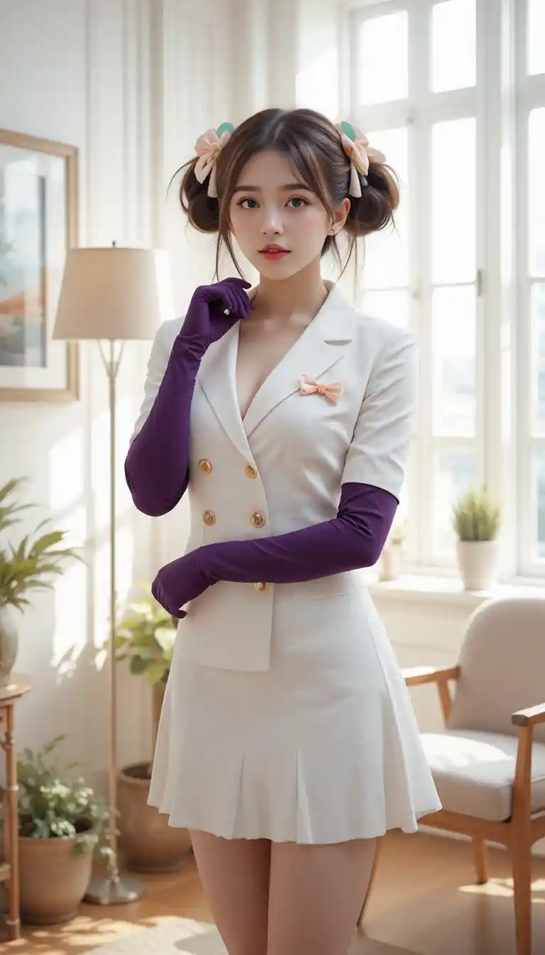 밝은 거실에서 흰색 스커트 수트를 입은 세련된 여성