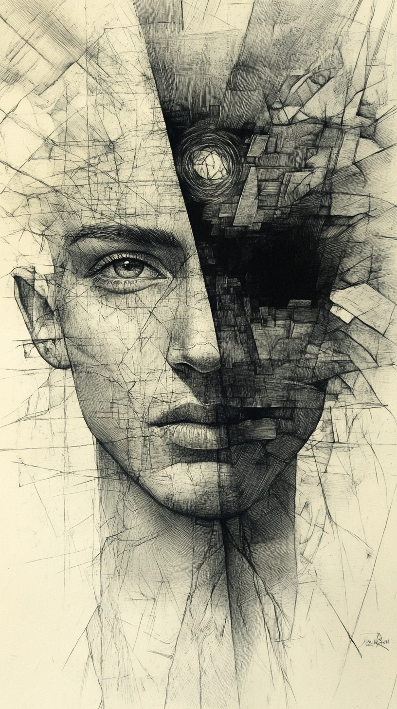 Retrato surreal com olhos de libélula em estilo forte de carvão