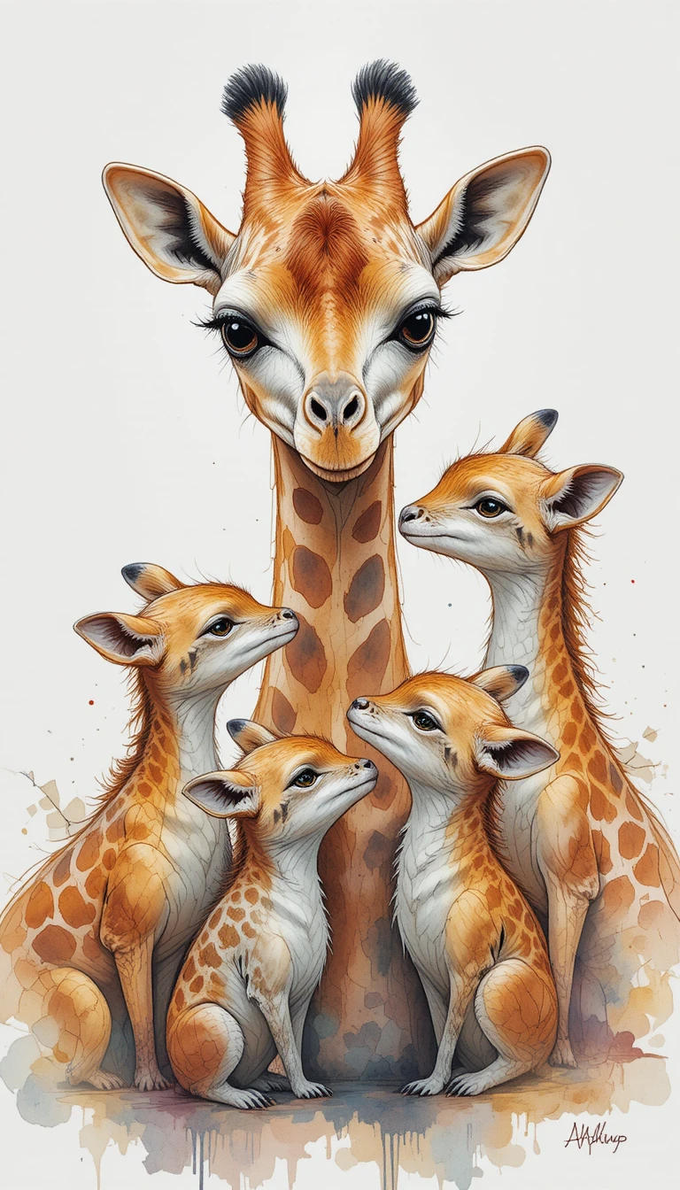 Retrato em grupo brincalhão em aquarela de girafa e animais