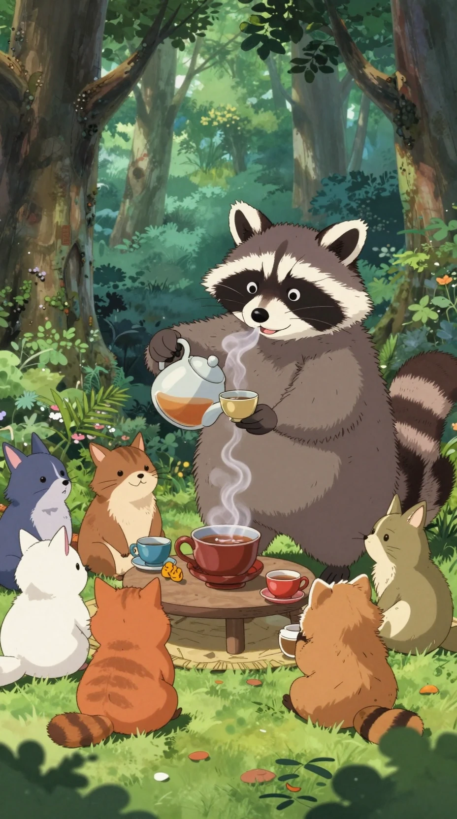 Guaxinim Servindo Chá aos Amigos da Floresta em Bosque de Anime Luxuriante