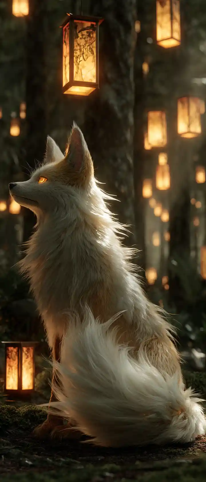 Mystical anime fox spirit with glowing lanterns in forest