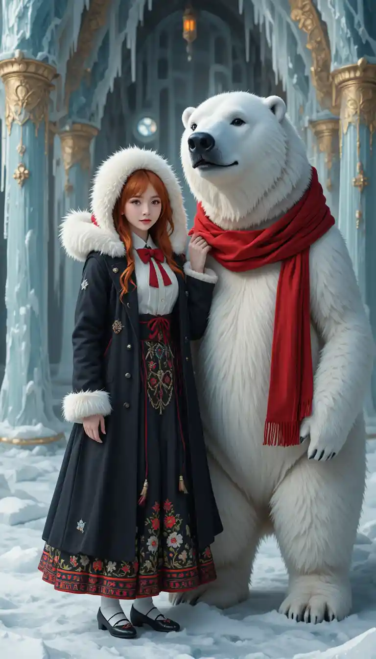 Red haired anime girl with polar bear in snowy scene