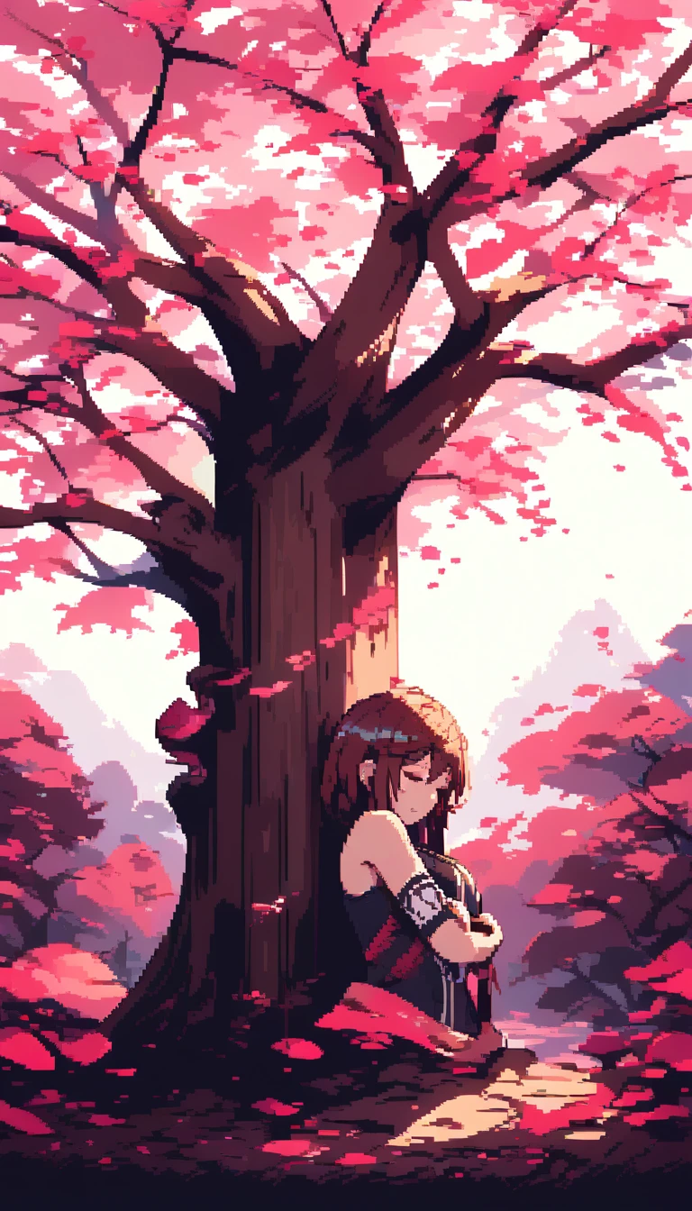 Guerreira em pixel art dormindo sob uma árvore florida