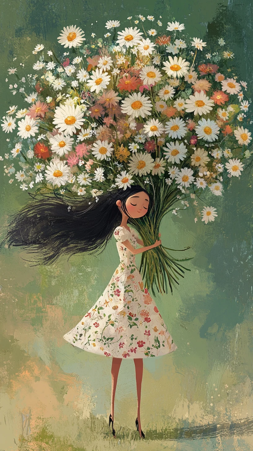 Girl with wildflower bouquet in soft watercolor illustration