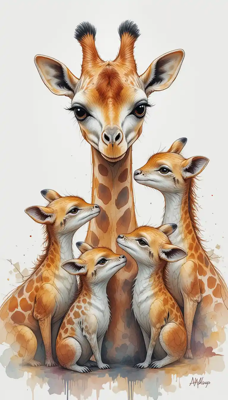 Playful watercolor group portrait of giraffe and animals