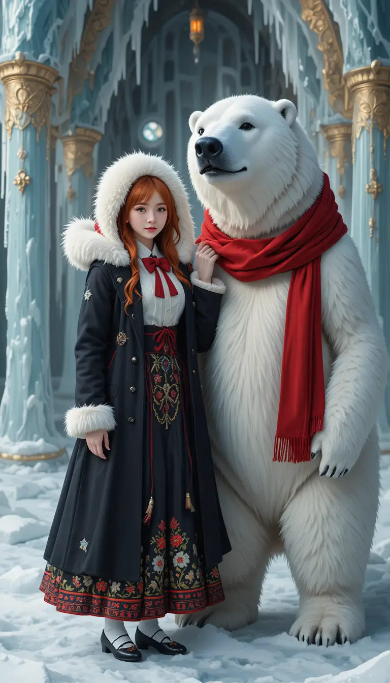 Rothaariges Anime-Mädchen mit Eisbär in verschneiter Szene