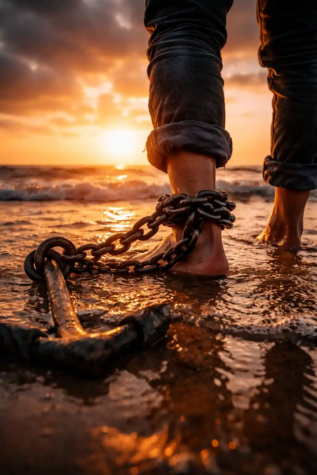Person im seichten Wasser mit Fußfessel bei Sonnenaufgang