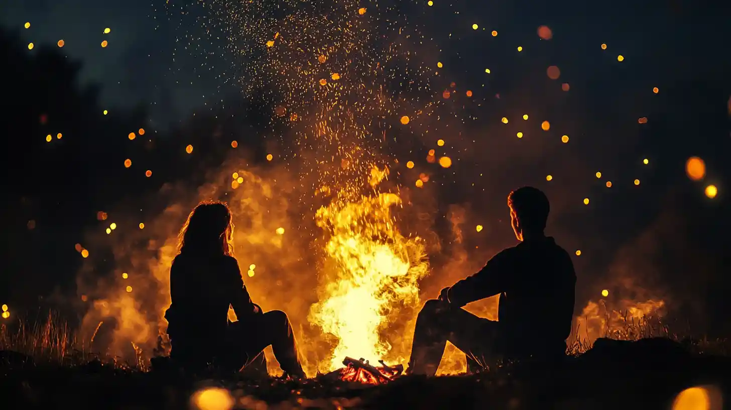 Coppia seduta insieme accanto a un falò luminoso di notte