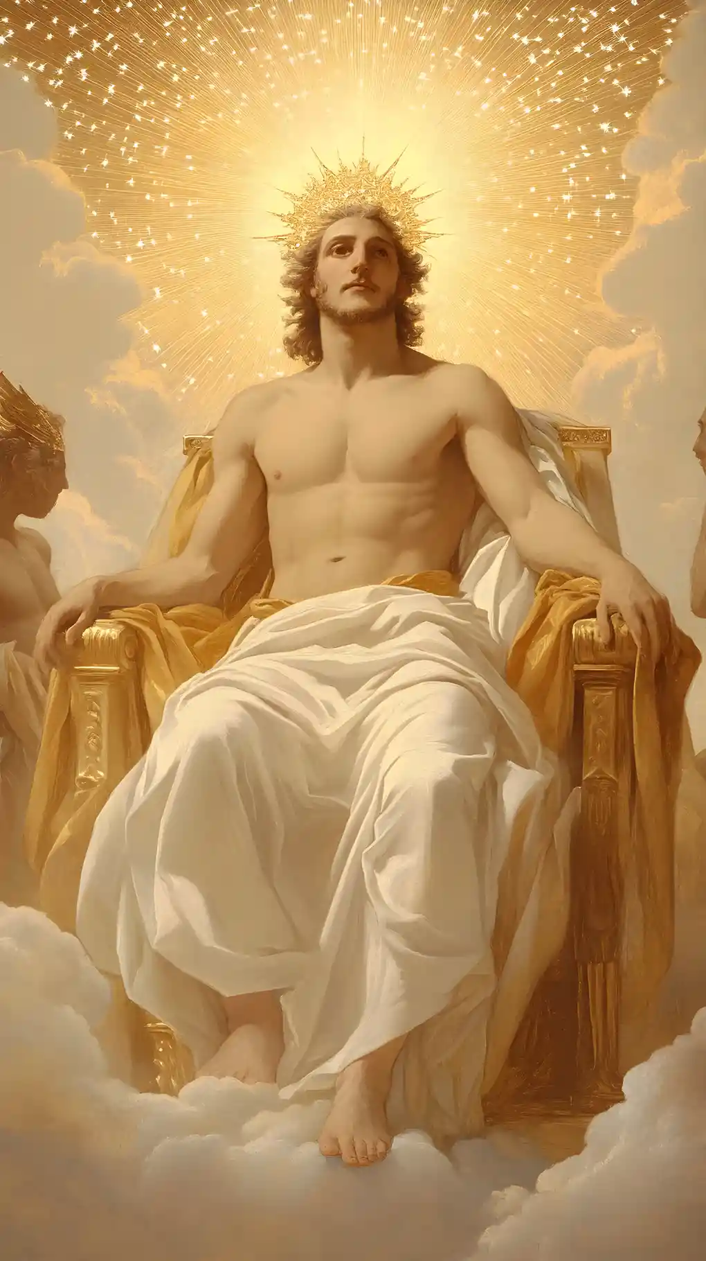 Jeune dieu trônant au milieu de nuages célestes rayonnants