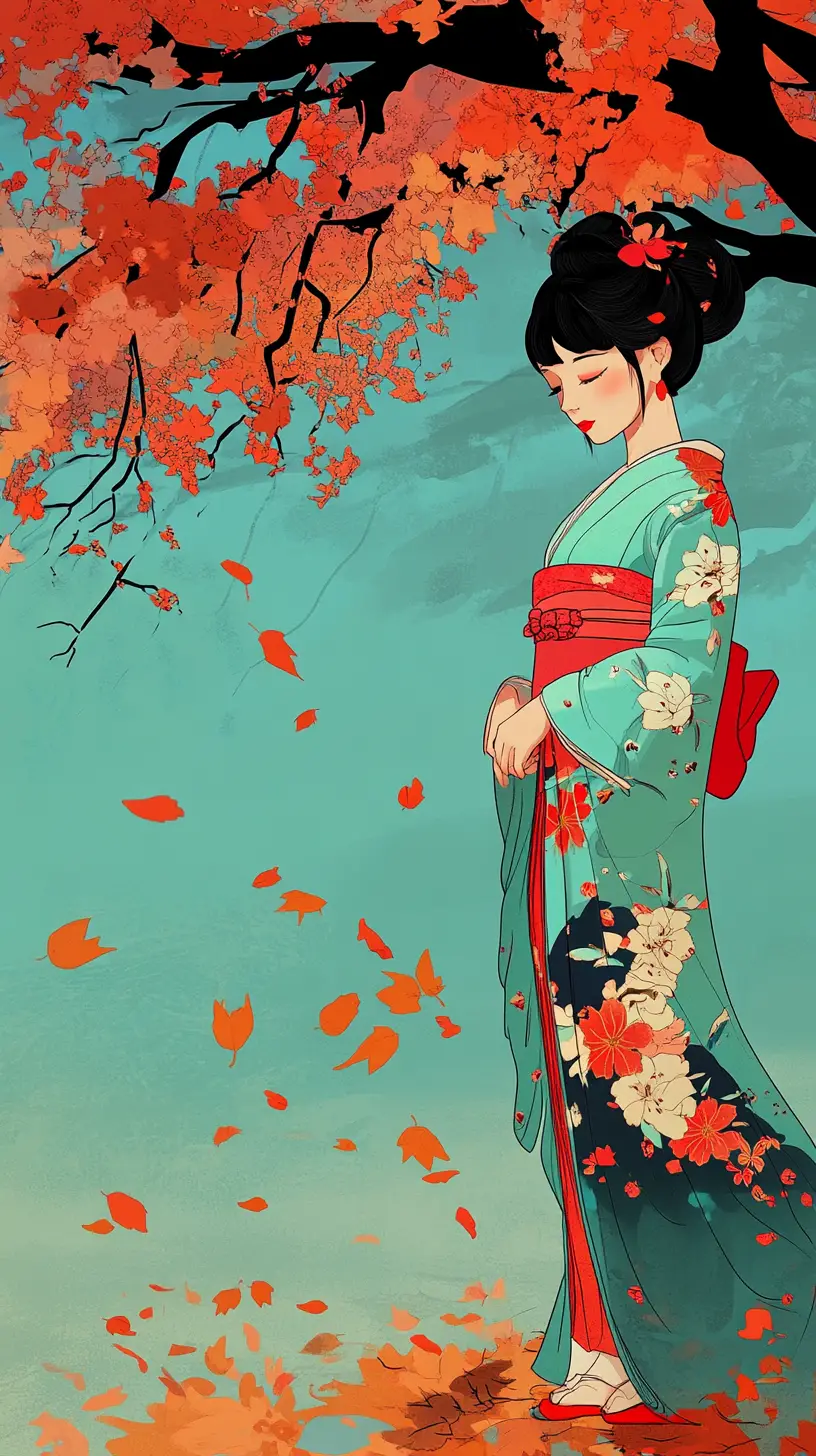 秋日樹下穿著青綠和服的日本女子