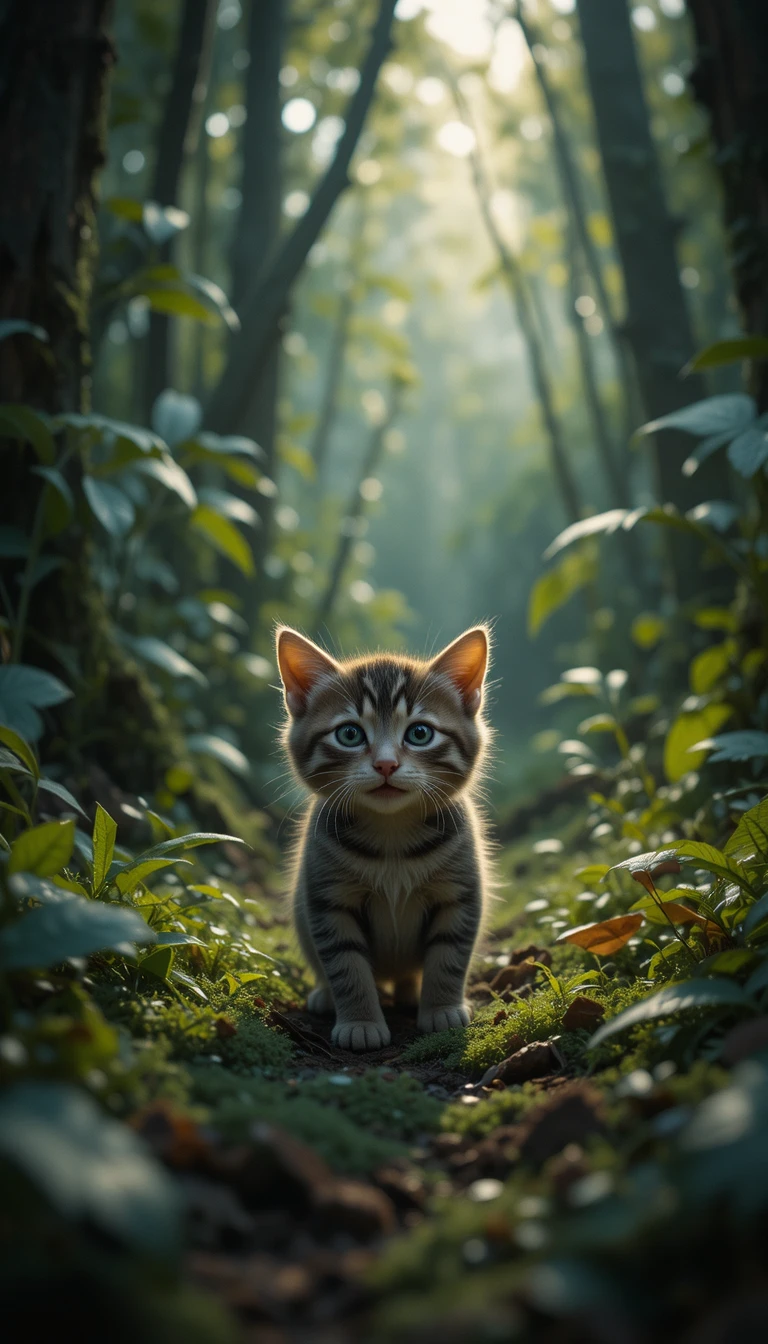 Chaton Effrayé Perdu dans une Jungle Densément Boisée avec une Lumière Dramatique
