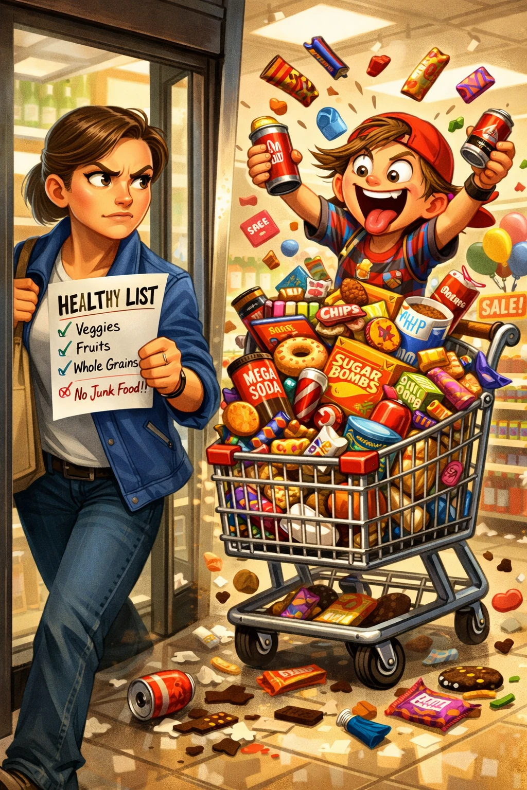 Adult shopping with inner child going wild in grocery store