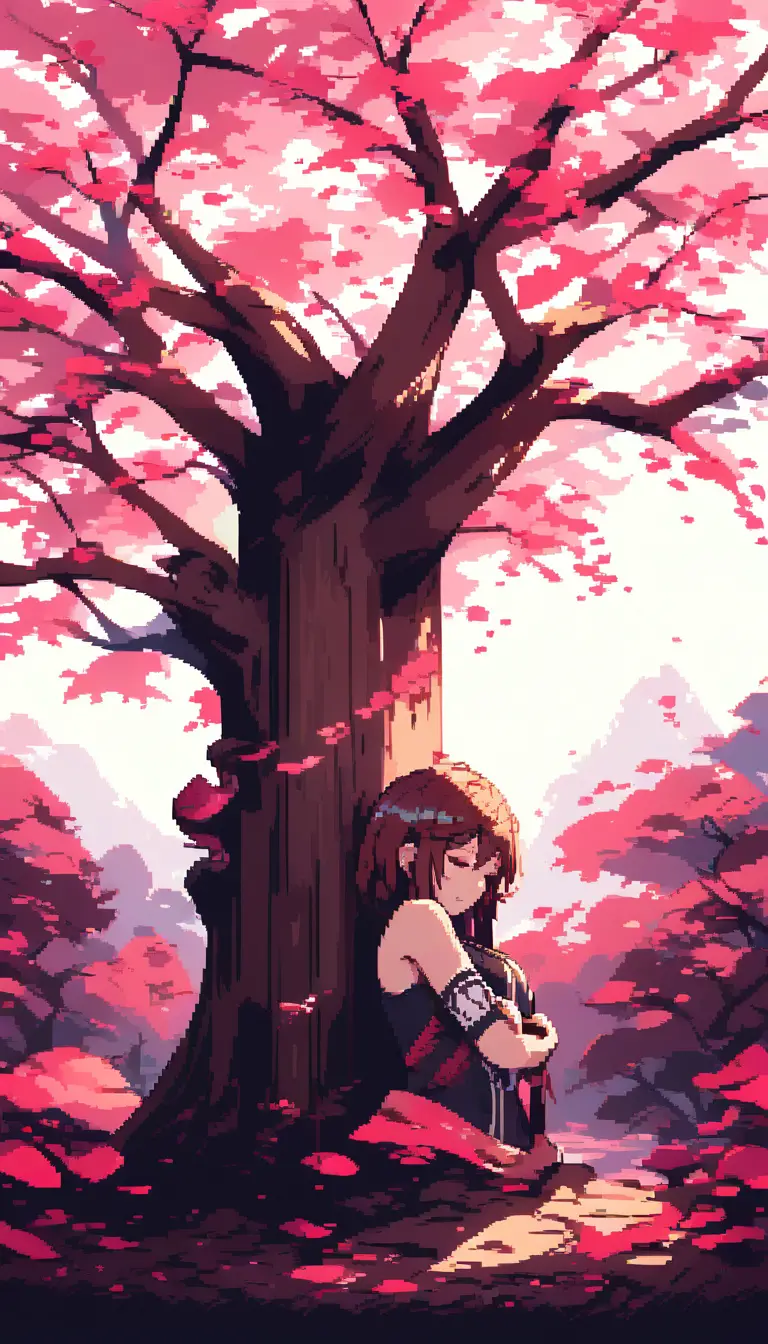 Pixel art warrior girl sleeping under a blossoming tree