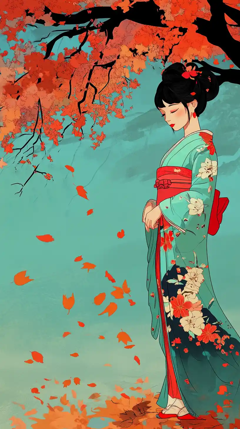 秋日樹下穿著青綠和服的日本女子