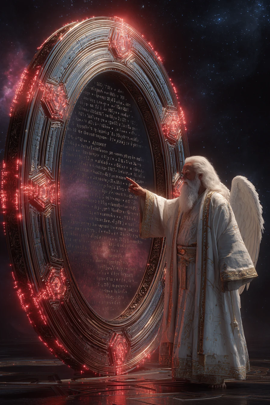 Anjo idoso guiando um portal brilhante de equações