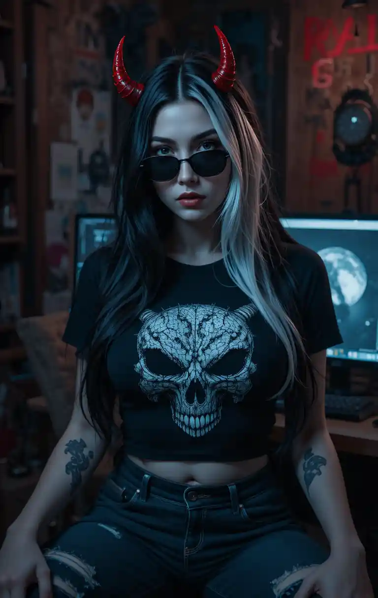 Donna dark con corna da diavolo in una stanza computer buia