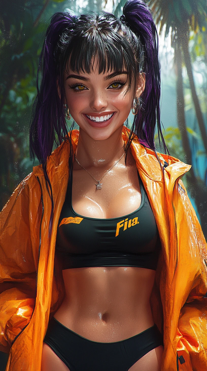 Cheerful girl with golden eyes posing in forest mountains