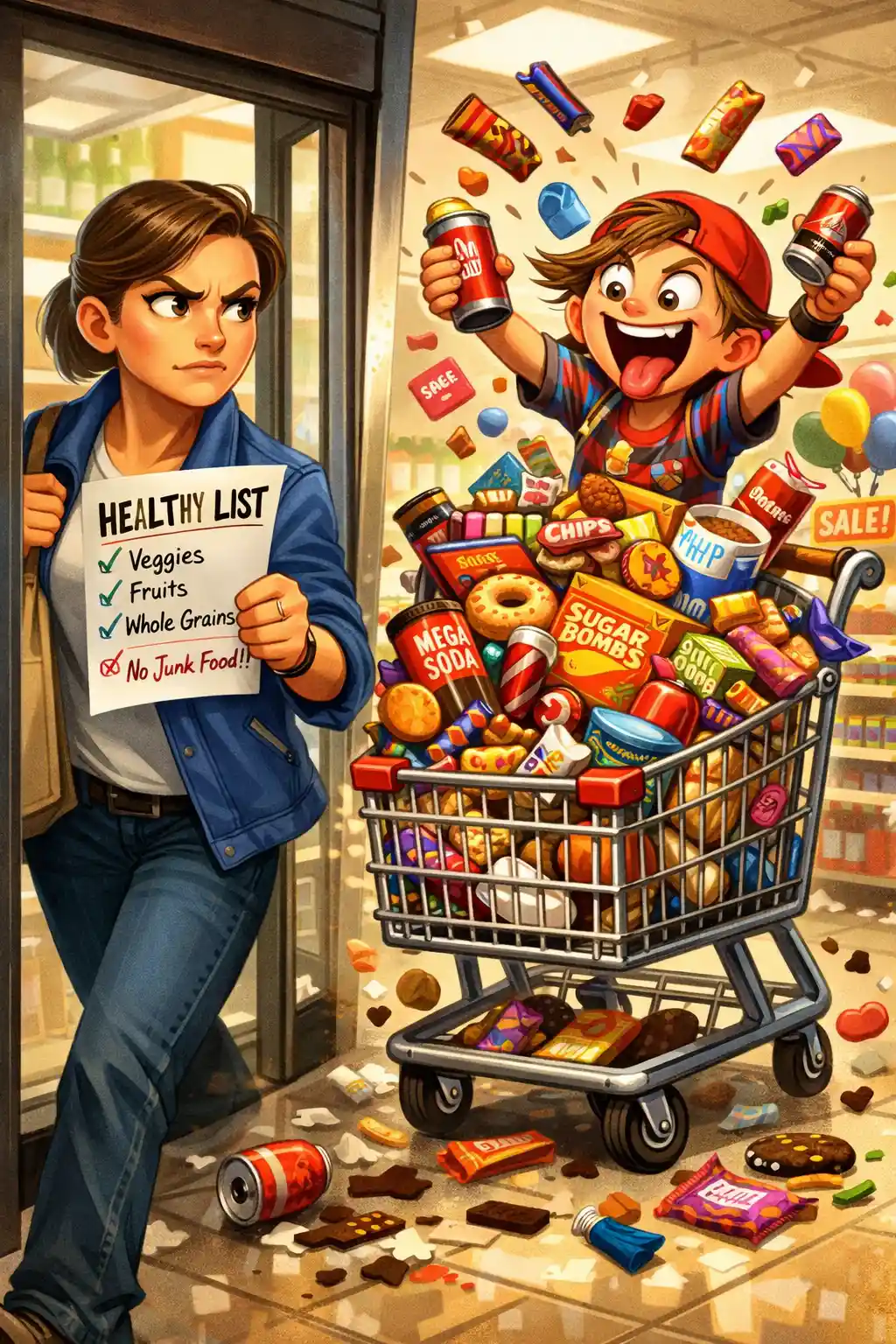 Adulto a fare la spesa con il bambino interiore scatenato al supermercato