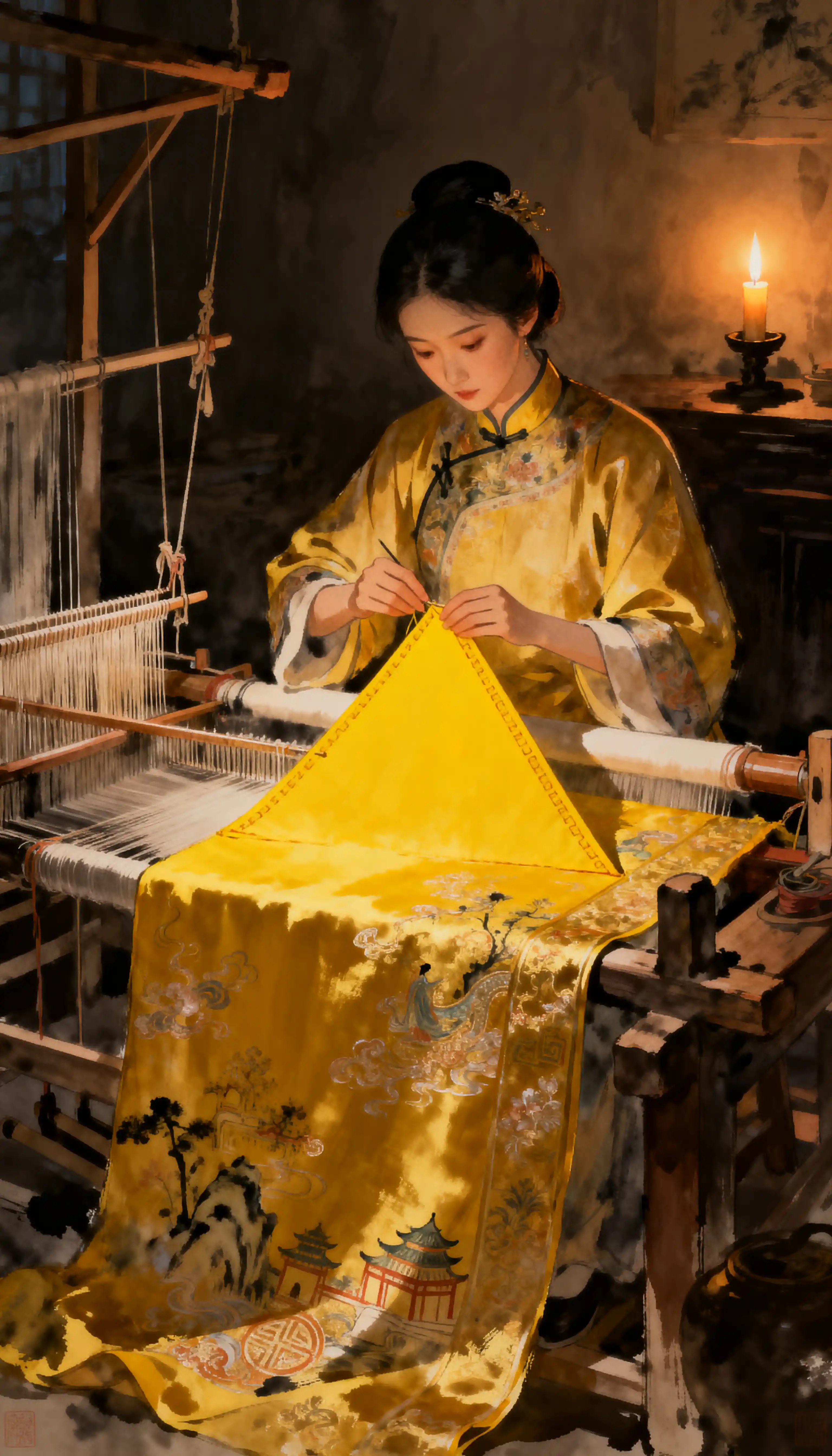 Traditional clothing maker weaving silk by candlelight