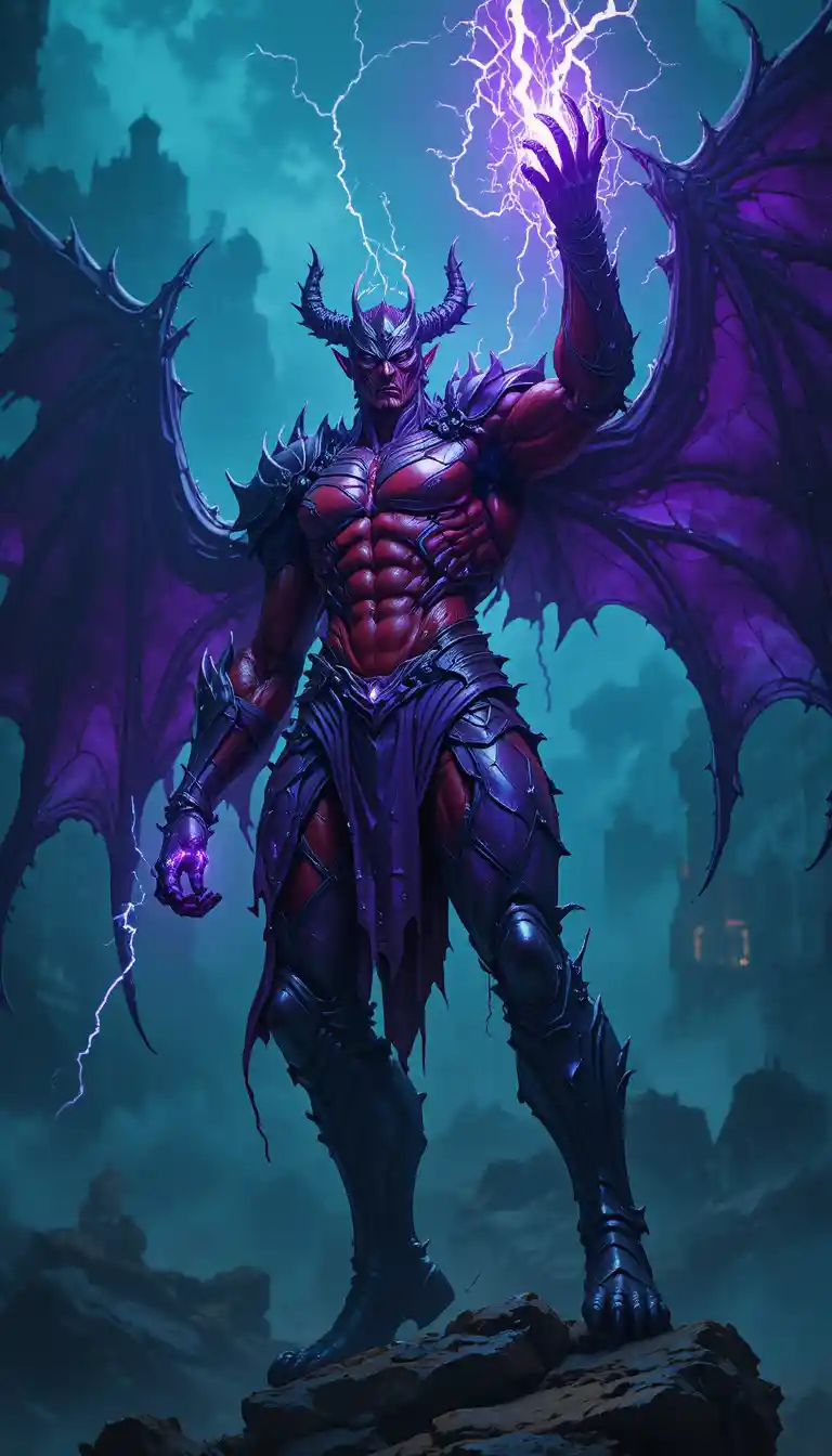 붉은 악마 전사가 빛나는 에너지 조각과 함께 비상하다