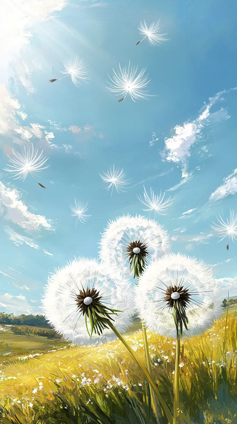 晴空中飄散蒲公英絮的陽光草地