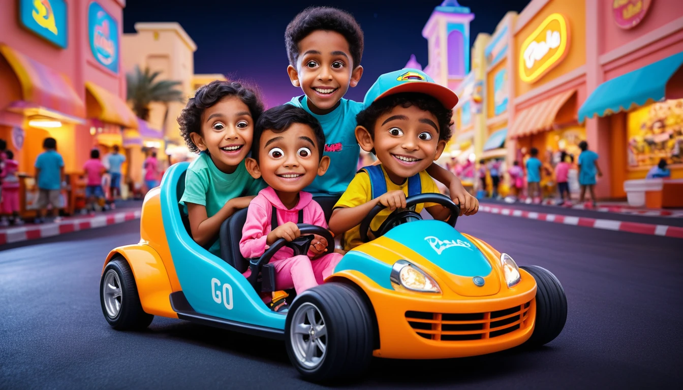 Enfants espiègles en course de kart dans une rue de Dubaï façon cartoon néon