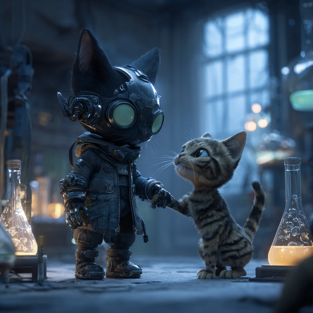 Gato ciborgue resgata tigrado em laboratório sci‑fi ao luar