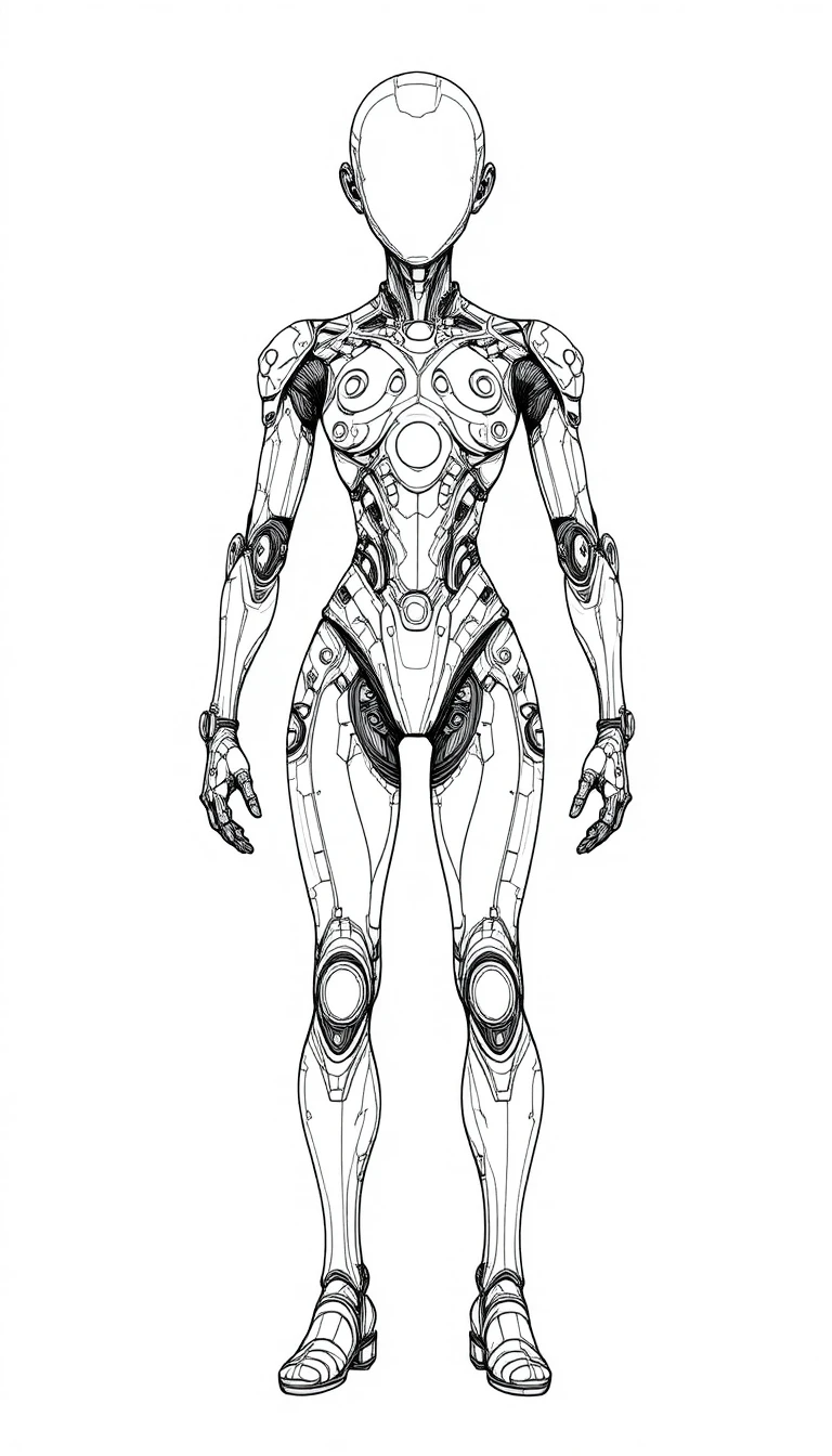 Disegno lineare di androide futuristico su sfondo bianco
