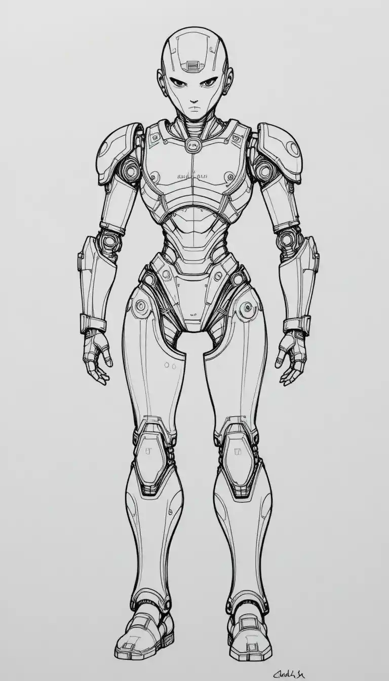 Ganzkörper-Skizze eines humanoiden Roboters auf weißem Hintergrund