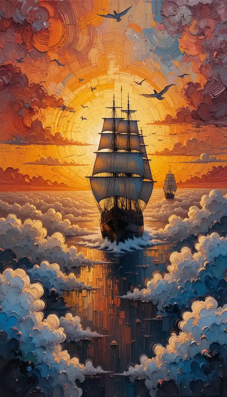 Impasto sunrise sailing ship illusion in fiery cloudscape