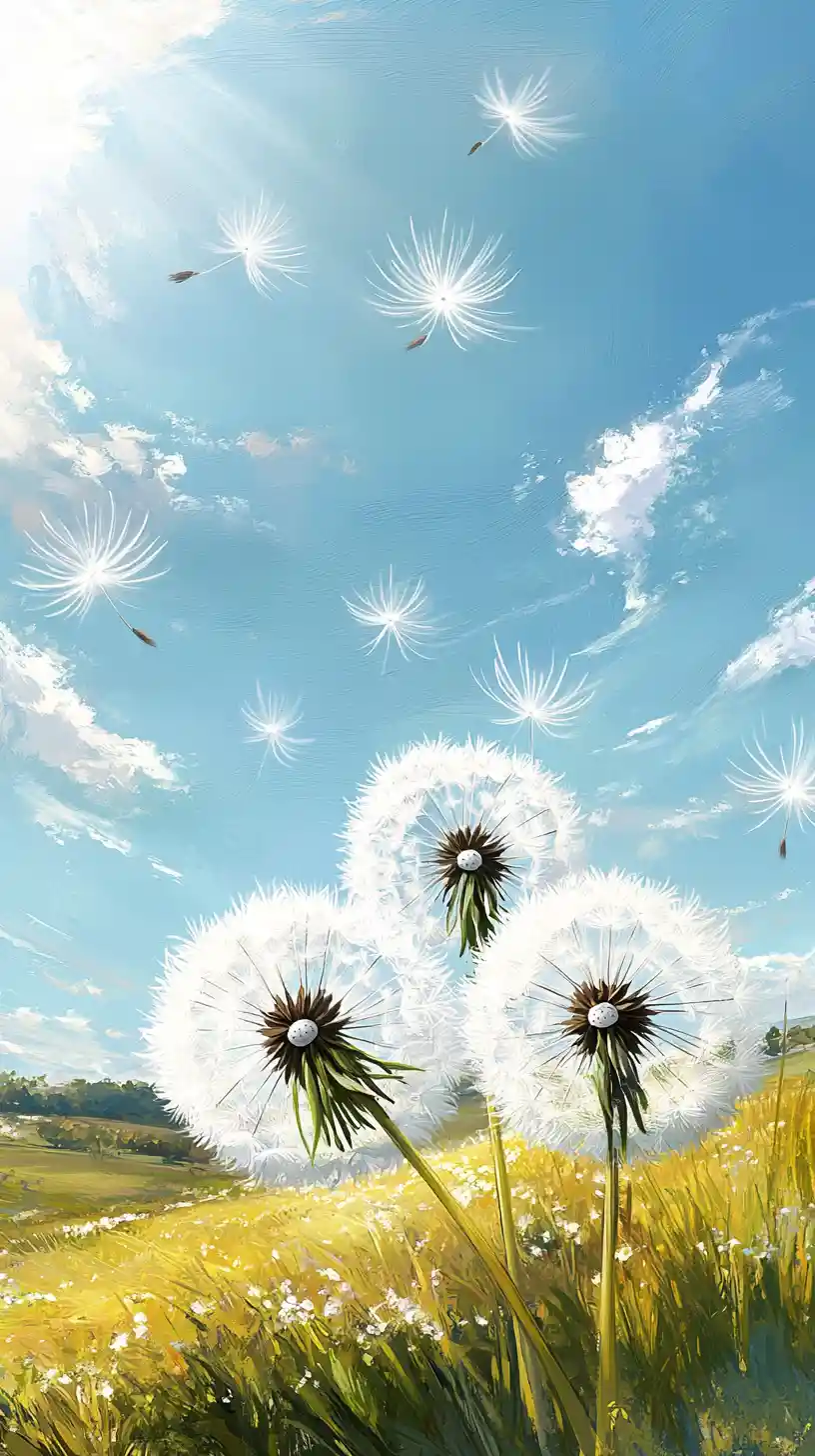 晴空中飄散蒲公英絮的陽光草地
