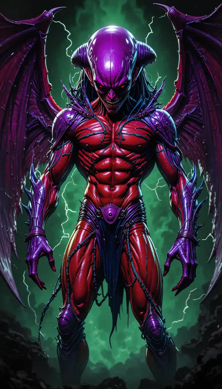 Alienígena alado y musculoso en pose con armadura púrpura electrificada