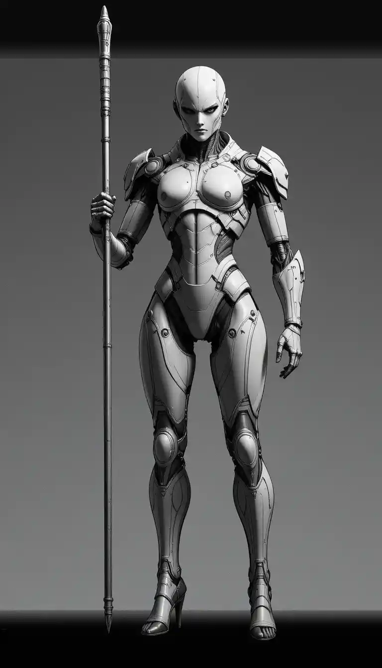 Humanoid robot holding staff in technical black and white drawing