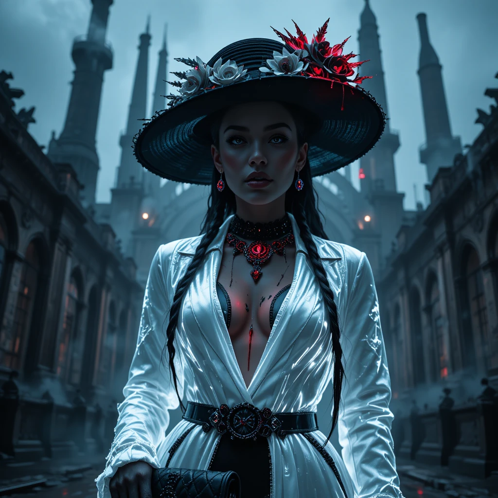 柴油龐克時裝城市景觀中的哥德賽博龐克女子