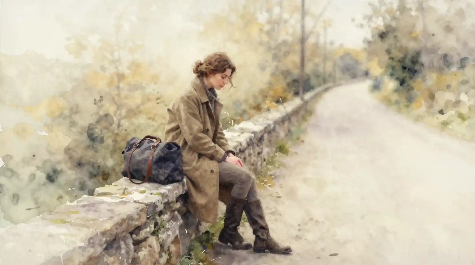 Watercolor girl on a stone wall beside a winding lane