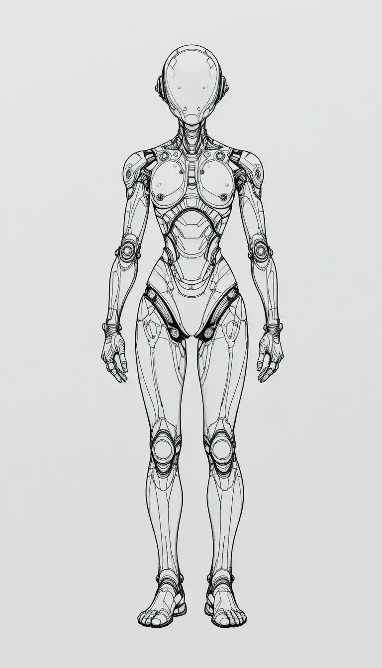 Disegno lineare di androide futuristico su sfondo bianco