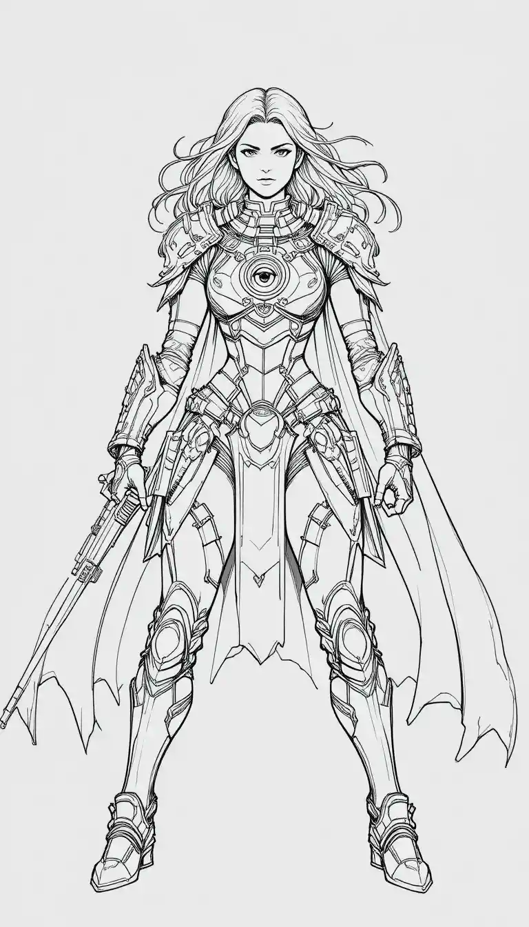Futuristic Armored Warrior Woman In Dynamic Line Art Pose