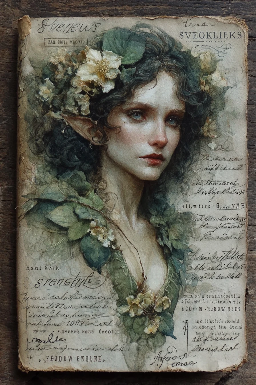 Página de sketchbook com ilustração de garota élfica e flores secas