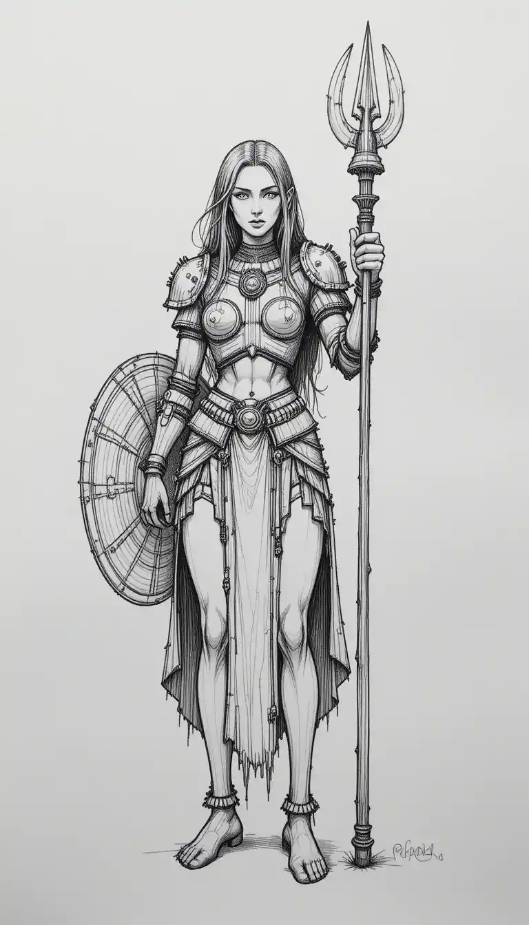 Monochrome warrior sketch with staff and shield design