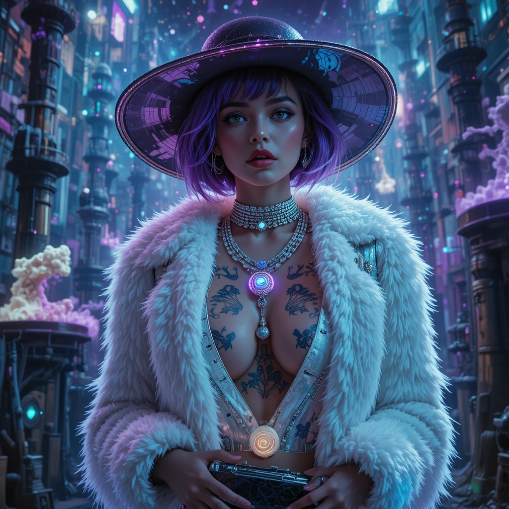 Cyberpunk fashion portrait with neon tattoos and hat