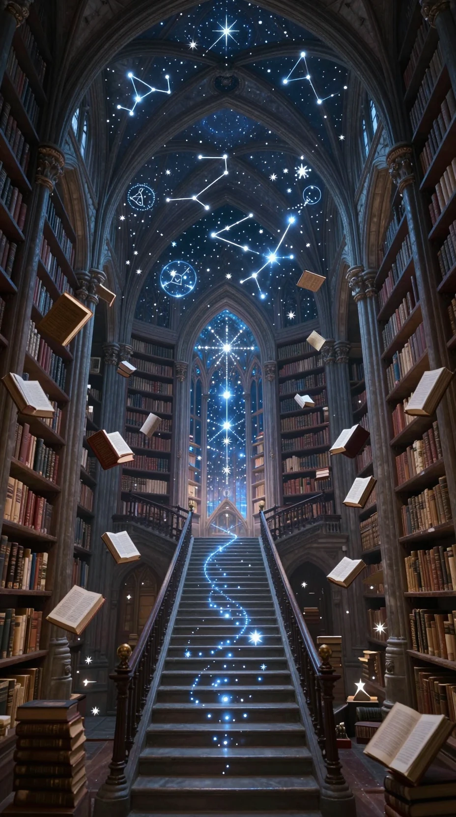 Imensa biblioteca gótica com livros flutuantes e tetos estrelados