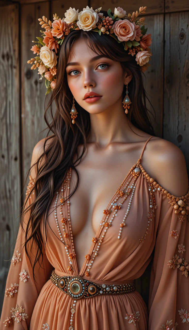 Boho girl with braids and jewelry in golden evening light