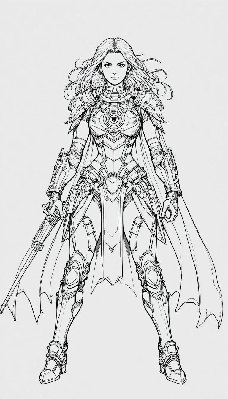 Futuristic Armored Warrior Woman In Dynamic Line Art Pose