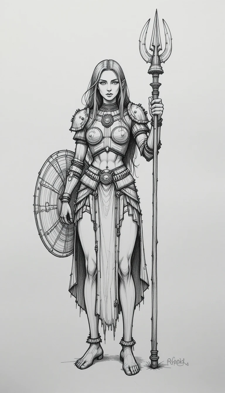Monochrome warrior sketch with staff and shield design