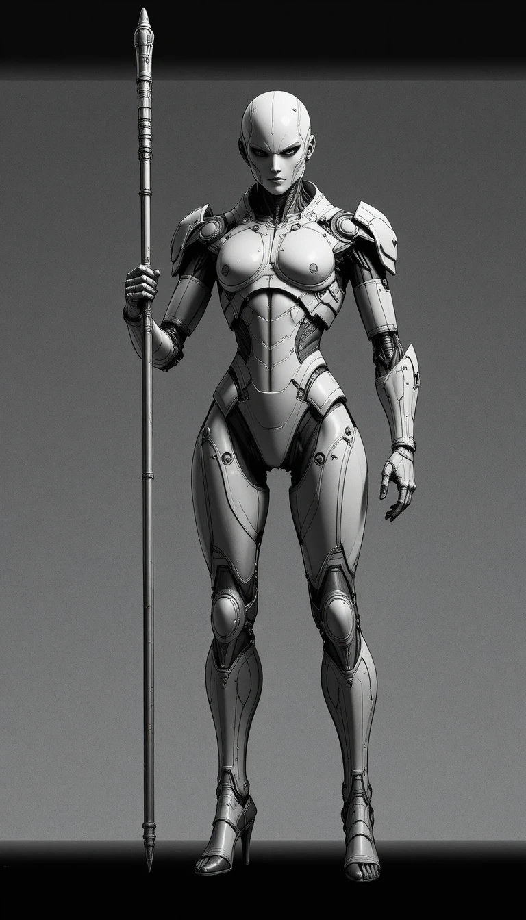 Robô humanóide segurando cajado em desenho técnico em preto e branco