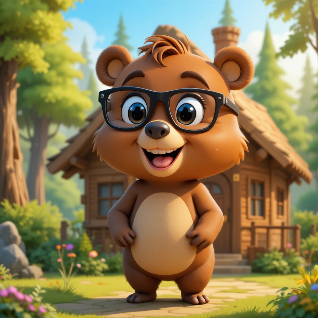 Adorable ours brun avec des lunettes devant une maison dans la forêt