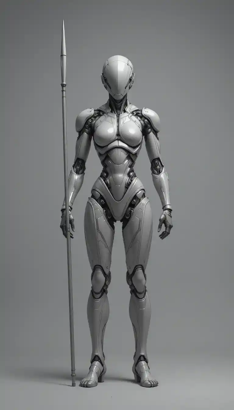 Futuristischer humanoider Roboter mit Stab in technischer Zeichnung