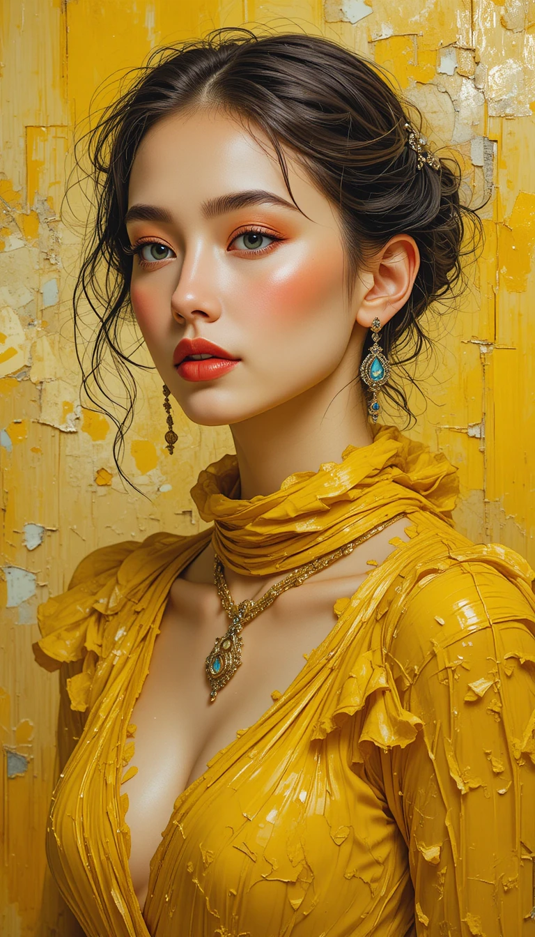Baroque style portrait of a slender fashion woman in yellow tones