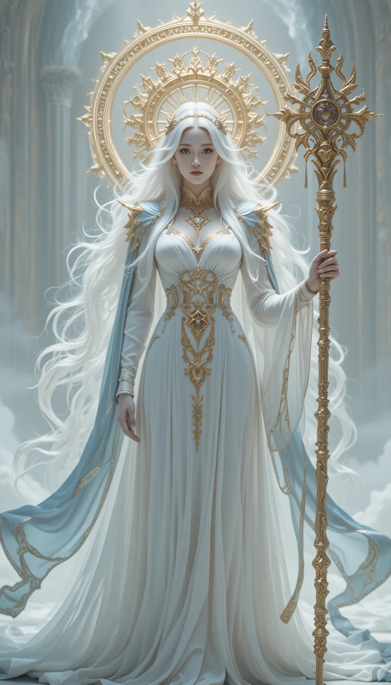 Celestial woman with golden staff and glowing halo