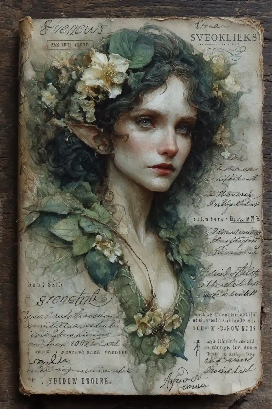 Pagina di sketchbook con illustrazione di ragazza elfica e fiori secchi